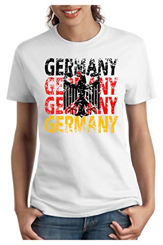 OM3 – GERMANY – Damen T-Shirt tailliert – DEUTSCHLAND EM 2016 FRANKREICH FRANCE FUSSBALL FANSHIRT SOCCER SPORT TRIKOT EUROPAMEISTER, M, weiss