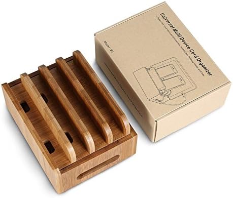 Bamboo Cord Organizer, Phone Tablet Stand, Wooden Charging Station with Cradle Holder for Phones and Tablets