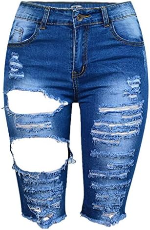 Wgwioo Women'S High Waist Personality Hole Tassel Slim Elastic Shorts Pants Denim Night Club . Blue . 36