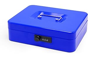 PACOLO Cassetta portavalori in acciaio con serratura a combinazione, piccola cassetta portavalori in metallo con scomparto rimovibile per banconote con coperchio bloccabile (blu, 30 x 24 x 9 cm)