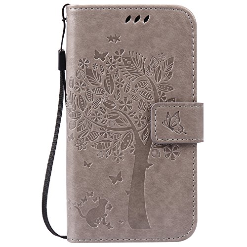 Chreey Motorola Moto G2 / G LTE (5 Zoll) Hülle Cover Case Leder Muster Flip Etui Case Echt ,Kreditkartenslot , geeignet für Ihr Handy-Gehäuse zu schützen,(Baum - Katze)