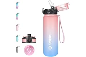 GOPPUS 500ml/17oz Bouteilles d'eau étanche pour Enfants pour L'école avec Paille Sans BPA Tritan Bouteille d'eau de Sport Réutilisable pour Tout-petit avec Marquage de l'heure avec 2 Couvercles