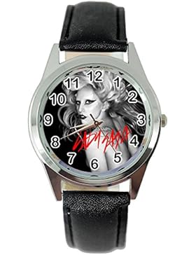 taport® Lady Gaga Born This Way Quarz Runde Uhr Schwarz Echt Leder Band + Gratis Ersatz Batterie + Gratis Geschenkverpackung