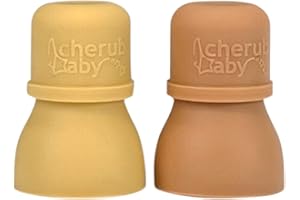 Cherub Baby Silicone Reusable Baby Food Pouch Topper Attachment Soft Non-Spill Spouts 2PK with Travel Case (Mimosa/Caramel)