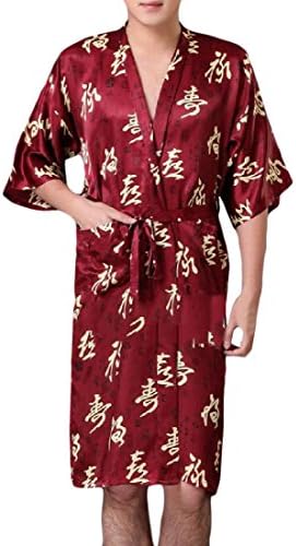 Aprilley Men's Spa Soft Silky Printed Short Bathrobe Sleep Robe -  Red - 