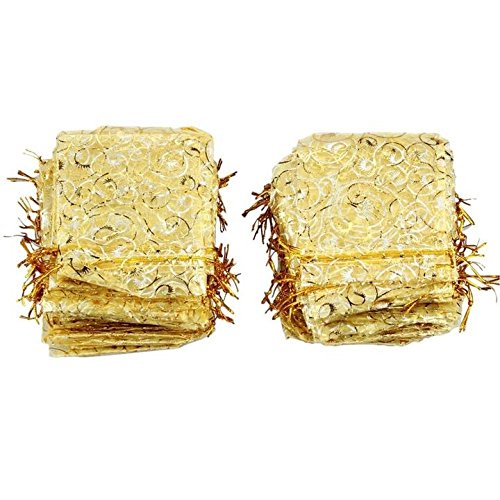 Danyoun 100PCS/set Gold Line Drawstring Sheer Organza Jewelry Pouches, Party Wedding Favor Gifts Bags, Luxury Jewelry Candy Gift Bags, Champagne Eyelash Pattern Drawstring Pouches