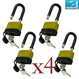 BRAND NEW 4 X LONG SHACKLE WATERPROOF PADLOCK / LOCK MECHANISM - MADE FROM SOLID PLASTIC - WATERPROOF - CAN BE USED IN GARAGE,SHED,LOCKUP OUTDOOR -EACH LOCK WITH TWO KEYS AND KEYS CAN BE COPIED - 50MM SHACKLE