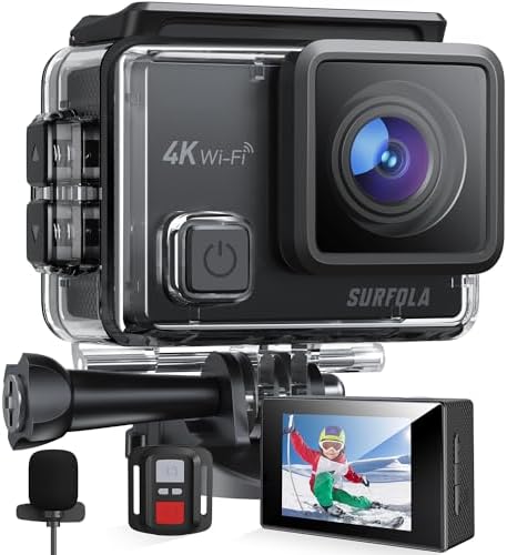 Surfola Action Cam 4K Subacquea 40M, WiFi Videocamera EIS, Fotocamera per Casco, 170° Grandangolare Time-Lapse, Mic Esterno, Telecomando2.4G, 2x1050mAh Batterie