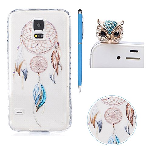 SKYXD für Samsung Galaxy S5 / Galaxy S5 Neo Hülle Silikon Durchsichtig mit Muster Feder Traumfänger ,Biegsam Klar Weich Dünn [Kratzfeste Rutschfest] Gummi Handy Schutz Schale mit [Eule Handyanhänger + Eingabestifte] Etui für Samsung Galaxy S5/S5 Neo Transparent Cover Flexible Clear Soft Slim Case Skin with Touch Pen Dust Plug
