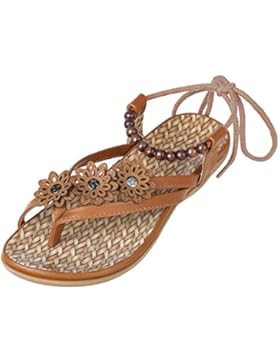 ZOEREA Damen Sandalen Böhmen Schuhe Blume Knöchelriemen Roman Geflochtene T-Strap Gladiator Sandalen