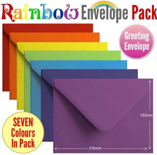 105 Colourful Rainbow Envelopes. Multi Coloured Gummed 152mm x 216mm Greeting Card Envelopes in 7 Colours.