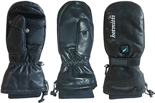 WATERPROOF LEATHER HEATED MITTENS. Comfortable mitts with rechargeable 7.4v battery heated carbon fibre pads above &amp; below hand.