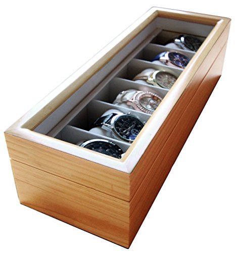 Solid Light Wood Watch Box Organizer with Glass Display Top by Case Elegance