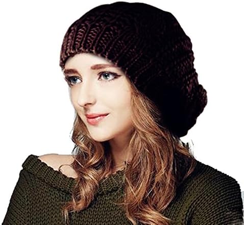 Tinxs Winter Lady's Warm Knitted Beret Braided Ski Cap Baggy Beanie Crochet women Hat Secret Santa(coffee)