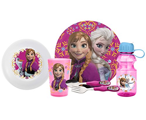Zak! Designs Mealtime Set, Plate, Bowl, Tumbler, Water Bottle, Fork & Spoon with Elsa & Anna from Frozen, BPA-Free, 6 Piece Set by Zak Designs