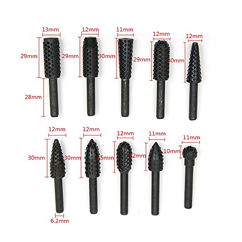 Fortag 10 tlg Raspel Set Raspelsatz Kugelfräser Zylinderfräser Zapfenfräser Konusfräser Rotary Feilen Raspeln Holz Bohrer Fräser-Set Bohrmaschine 10-29mm(Shank Durchmesser 6.2MM) - 3