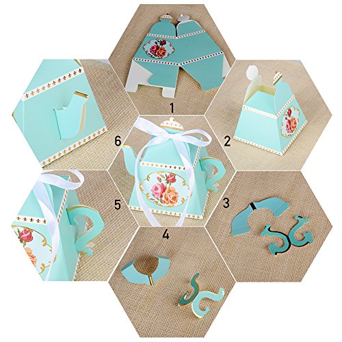 50 Stk Mini Pappe Teekanne Gastgeschenk Box inkl. Seidenbänder Geschenkbox für Hochzeit, Taufe usw. Pralinenschachtel süßigkeiten Bonboniere (Hellgrün) - 4