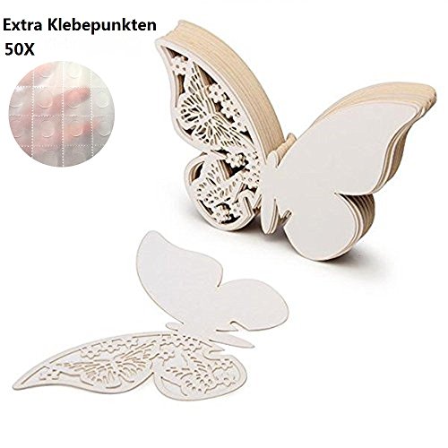 ElecMotive 50 Stück Schmetterling Tischkarten Namenskarten Glasanhänger Wandsticker für Tischdeko Hochzeit Party Haus Deco (Weiß)