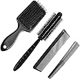 GITGRNTH Professional 4-Piece Hair Brush and Comb Set - Includes Paddle Brush, Round Styling Brush, Fine Tooth Comb, and Wide Tooth Comb - Detangling, Smoothing & Styling for All Hair Types - Ideal for Home & Salon Use (4 Pieces [Paddle + Round + Small + Big])