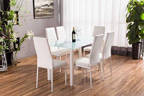 Lunar Rectangle Glass Dining Table Set and 6 White Faux Leather Chairs Seats