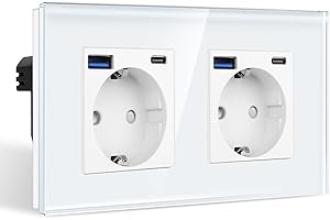 CNBINGO Podwójne gniazdko z 4 portami USB (maks. 2,1 A, typ C i USB-A) – podwójne szklane gniazdko Schuko podtynkowe – białe gniazdko ścienne z zabezpieczeniem przed dziećmi