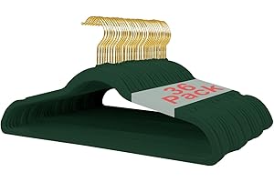 ‎WELLONG Wellong Kleiderbügel Samt, 45 cm rutschfeste Filz Bügel, Stabile Anzugbügel mit Schulterkerben, Platzsparende Kleiderbügel für Mäntel, Hosen, Silbe, 36 Stück – Dunkelgrün mit Goldene Haken