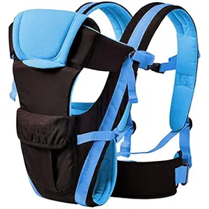 Chinmay Kids 4-in-1 Adjustable Baby Carrier Cum Kangaroo Bag/Baby Carry Sling/Back/Front Carrier for Baby with Safety Belt and Buckle Straps (Black & Sky Blue)
