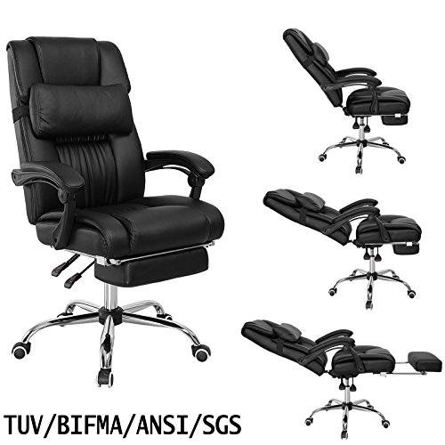 Voilamart Black Ergonomic PU Leather Extra Padded Office Reclining Swivel Chair Executive Computer Desk Chair High Back Style Armchair with Foot Rest and Back Cushion - Image 7