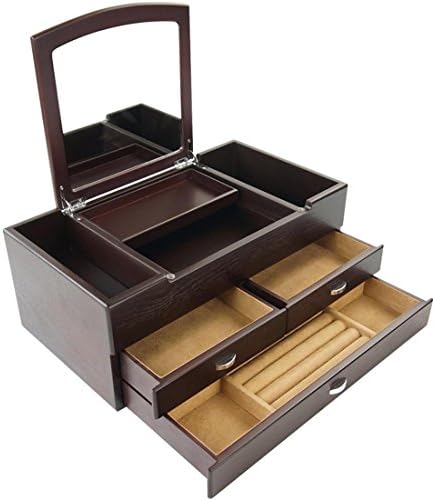 Meydlee Jewelry Chests-Large Capacity Wooden Jewelry Box Cabinet with Makeup Mirror Lid-4 Section Up for Cosmetics and 3 Slide Drawers for Jewelrys and Watches Organizer Case