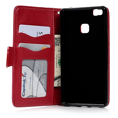 P8 Lite Wallet Case Huawei P8 Lite Flip Hülle YOKIRIN Traumfänger 3D Relief Totem Blume Schutzhülle PU Leder Flipcase Handyhülle Klapptasche Skin mit Kreditkarteninhaber Kippständer Magnetverschluss in Rote - 7