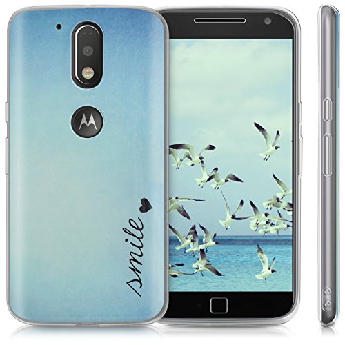 kwmobile Funda para Motorola Moto G4   Moto G4 Plus - forro de TPU silicona cover protector para m  vil - Case Dise  o Smile con coraz  n azul turquesa