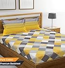 Ahmedabad Cotton 144 TC 100% Cotton Double Bedsheet with 2 Pillow Covers - Yellow and Grey