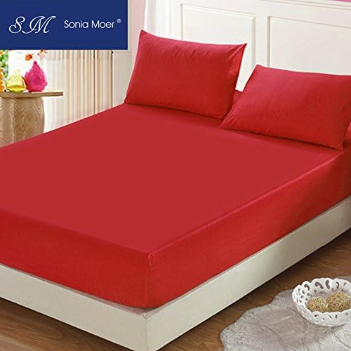Premium Polycotton 200 Thread Count Fitted Sheet by Sonia Moer, (King, Red)