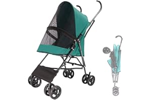 KHUY Hundewagen Hundebuggy Hunde Katzen, Hundebuggy bis 10kg, Regenschirmstruktur Leichter Hundewagen für Kleine Hunde Wagen Buggy Atmungsaktive Installation-freies Design (Color : Green)