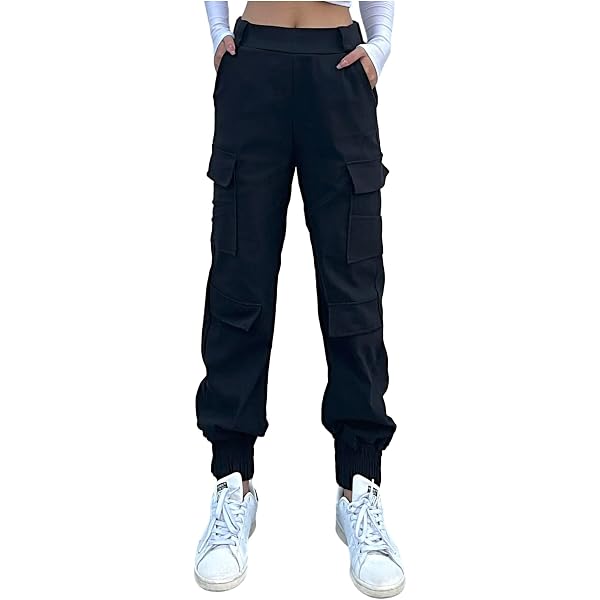 SkotO Pantaloni cargo da donna con cuciture bianche, pantaloni da jogging, molte tasche, a vita alta, pantaloni da yoga, pantaloni da yoga, pantaloni in denim bicolore, Nero , S