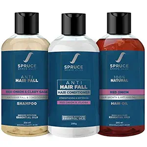 Spruce Shave Club Hair Fall Control Grooming Kit For Men with Onion Hair Oil, Onion Shampoo, Onion Conditioner For Hair Growth & Hair Fall Control | Sulfate & Paraben Free (200 ml X 3 products)