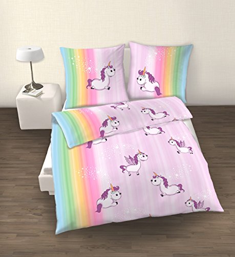 Einhorn Bettwäsche 135×200 cm Kissenbezug 80×80 2tlg., Ido Markenbettwäsche aus 100% Baumwolle, Bettbezug flieder, Unicorn Bettzeug, Regenbogen Kinderbettwäsche, Fein-Biber Bettwäsche Made in Germany - 2