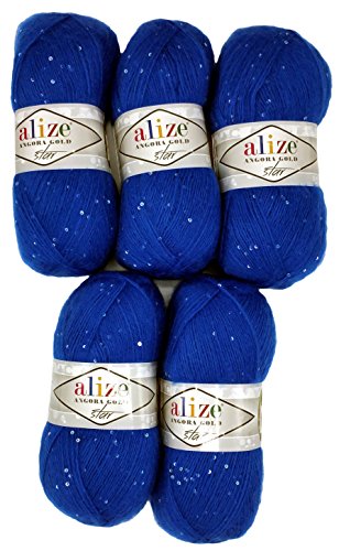 5 x 100g Alize Wolle mit Mohair und Pailletten zum Stricken und Häkeln, Farbe blau Nr. 636, 500 Gramm Strickwolle