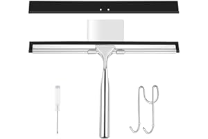 WUFANC 25CM Tergivetro Per Doccia, Tira Acqua Da Doccia In Acciaio Inox, Tiraacqua Vetri Doccia Con 1 Gancio E 2 Lama In Silicone, Senza Bisogno Di Forare, Può Pulire Bagno, Finestre E Specchi