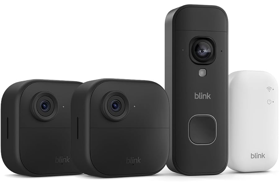 Blink Outdoor 4 Kameras (Außenkamera) mit Blink Videotürklingel 2K+ (neueste Generation), Schwarz, inkl. Sync Module Cor