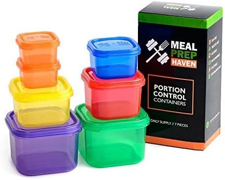 Meal Prep Haven 7 Piece Multi-Colored, Color Coded Portion Control Container Kit with Guide, Leak Proof, BPA Free, 21 Day Planner