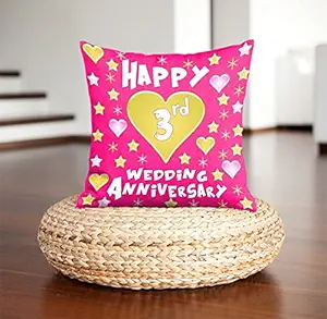 DreamVio Happy 3rd Anniversary Pillow,Cushion for Gifting on Birthday's & Wedding to Couple,Husband, Wife, Friends Color : Light Pink (12 x 12 inch)