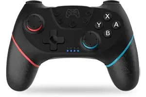 NK Mando Switch Inalámbrico - Switch/OLED/Lite/Pro con Función Wake, Ajustes Macro,Bluetooth, 6 ejes, Función Turbo, Dual Shock Doble Vibración, LED Indicadores - Color Negro (Rojo y Azul)