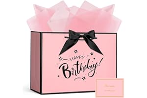 AOOSU Birthday Gift Bag, 28 * 20 * 10cm Birthday Party Gifts Bag with Greeting Handles and 3 Wrappers and 1 Cards, Luxury Paper Bags with Handles for Girls Womens Wedding Party Christmas Valentines