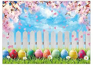 Funnytree 7x5FT Spring Easter Backdrop Colorful Eggs Pink Cherry Blossoms Flower Blue Sky Background Kids Baby Shower Party Supplies Decor Banner Portrait Studio Photography Prop Photobooth Gift