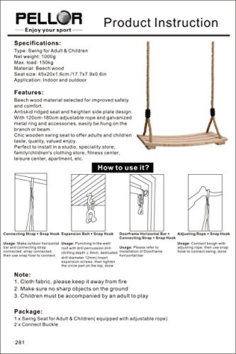 Pellor Erwachsene Kinderschaukelsitz mit Holzbrett Hängesitz, 120cm-180cm Verstellbares Seil bis150kg - 7