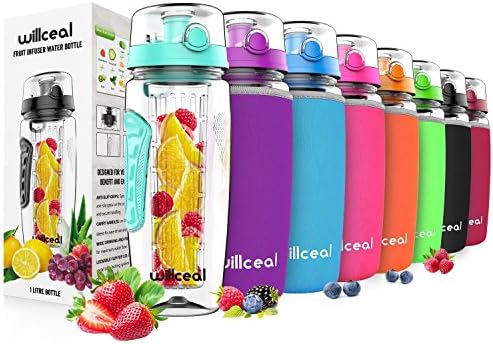 Fruit Infuser Water Bottle 32oz Willceal- Durable, Large - BPA Free Tritan, Flip Lid, Leak Proof Design - Sports, Camping (Bright Teal)