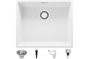 Fregadero bajo Encimera 56 x 47 cm, Fregadero Granito Un Seno + Sifón Pop-Up, Fregadero Cocina London 60 de Primagran, Blanco