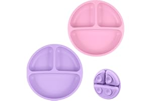 Vicloon Piatto per Bambini, 2 Pezzi Piatto con Ventosa per Bambini in Silicone, Piatti Bambini Pappa Svezzamento Piatto, Piastra di Alimentazione per Neonati con 3 Aree(Viola/Rosa)