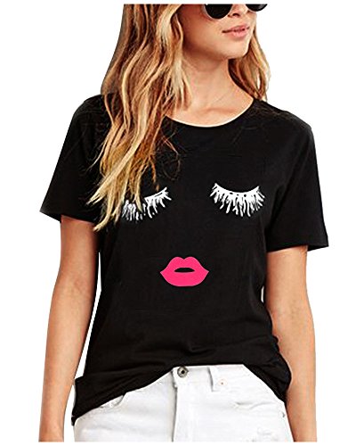Imixcity Camiseta de Verano para Mujer Cute Labios Pestañas Impreso Manga Corta Tops Blusa Casual Señoras Camisetas de Algodón (XL: 38/40, Negro)